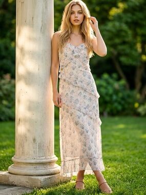 Rosie Posie Floral Tiered Maxi spaghetti strap Dress women’s size large
